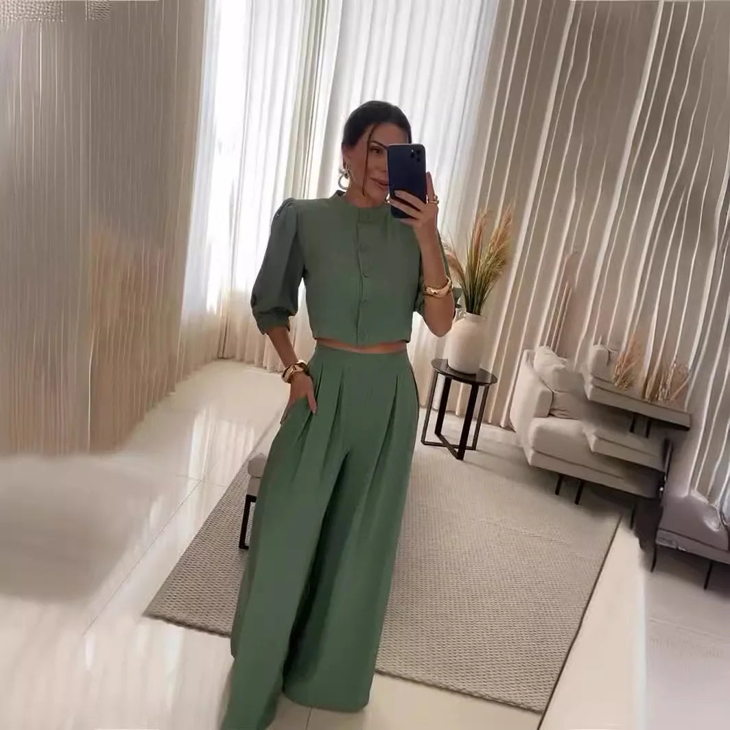 Conjunto de Linho Feminino Bianca com Blusa e Calça Pantalona - Primavera/Verão